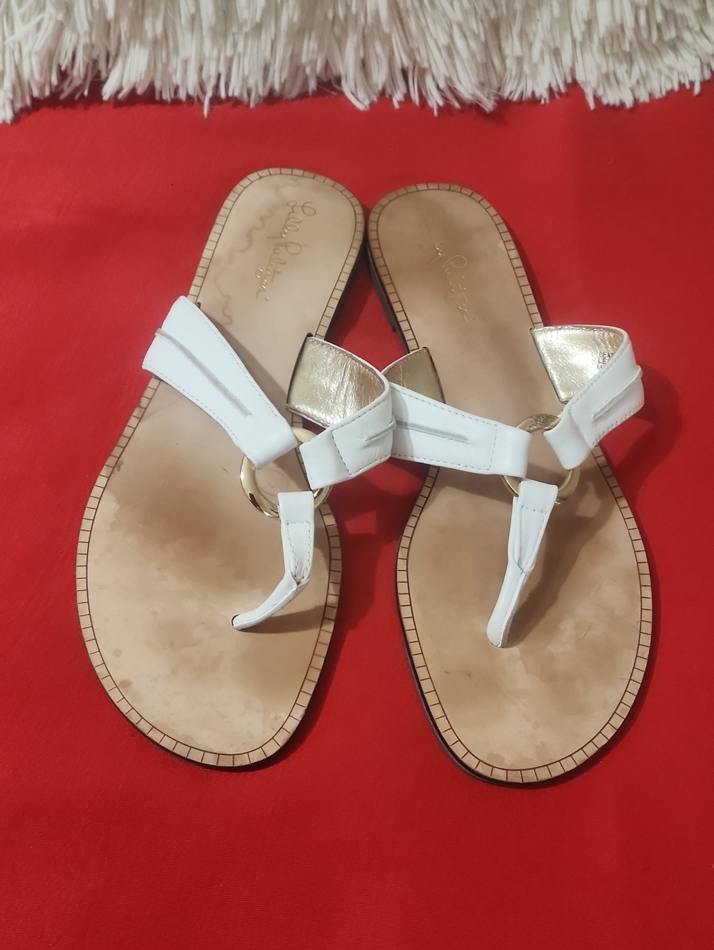 Lilly Pulitzer Mckim White and Gold Leather Thong Sandals